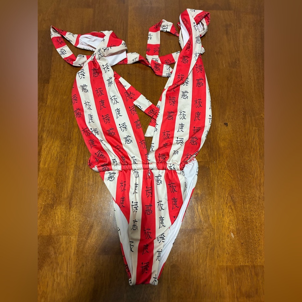 Red & White Striped One-Piece Swimsuit with Graphic Print